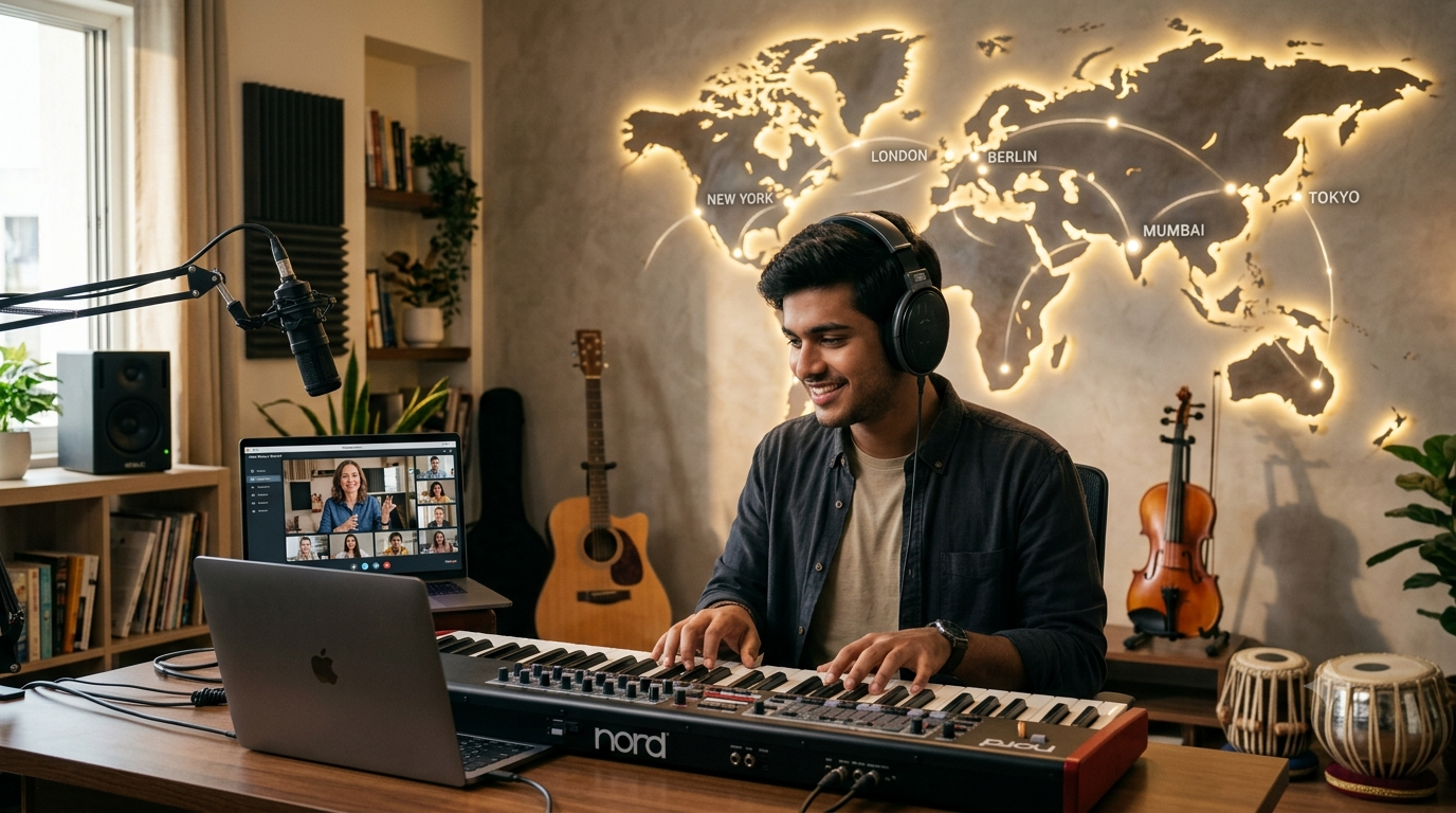 Student learning music online with a professional music mentor