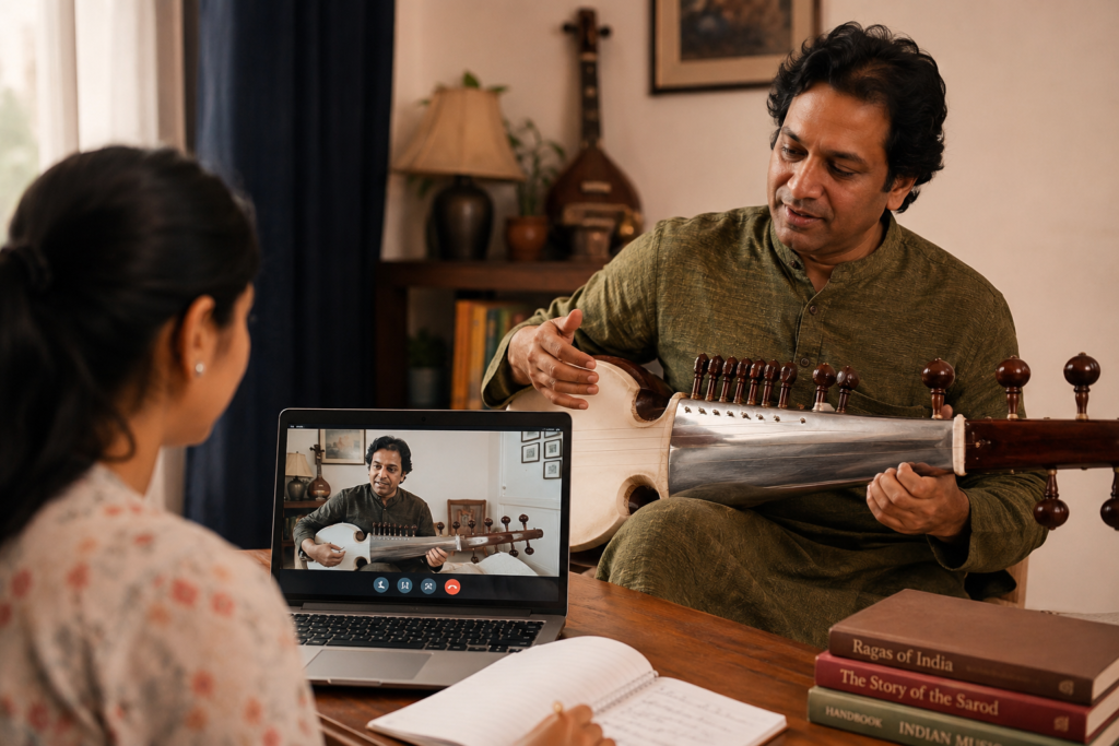 Sarod learner following a regular practice routine