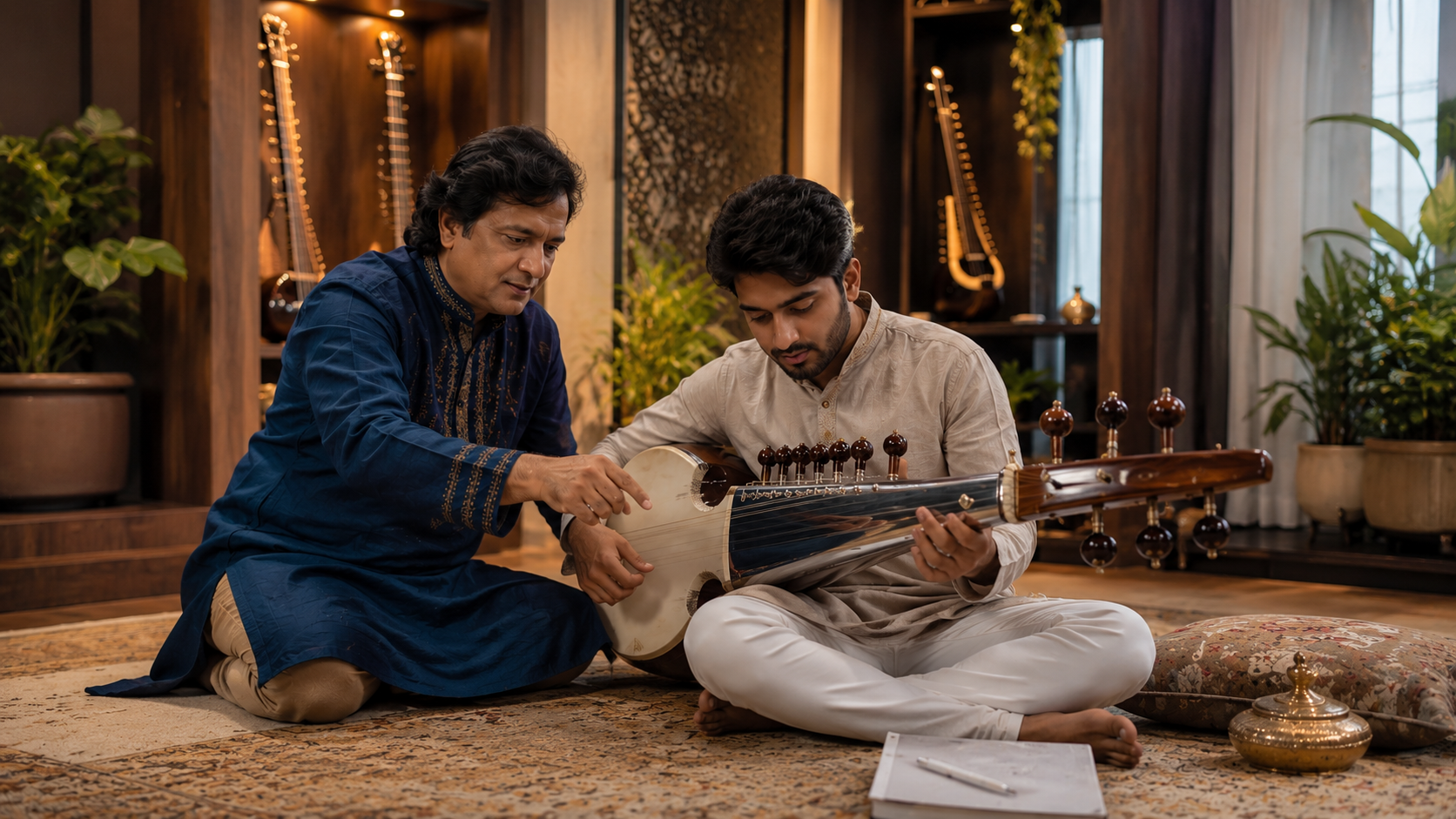 Sarod teacher guiding structured practice during a music lesson