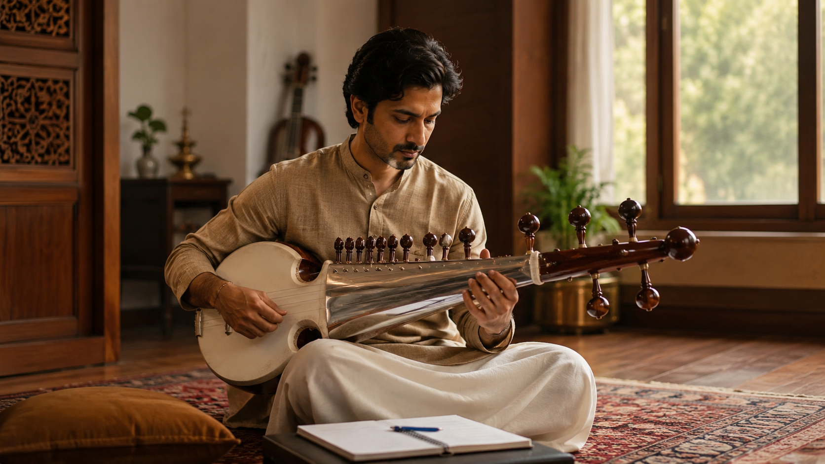 Sarod learner practising through structured online music learning