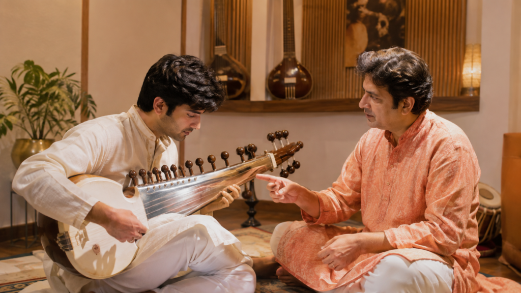 Teacher guiding a student during Sarod classes