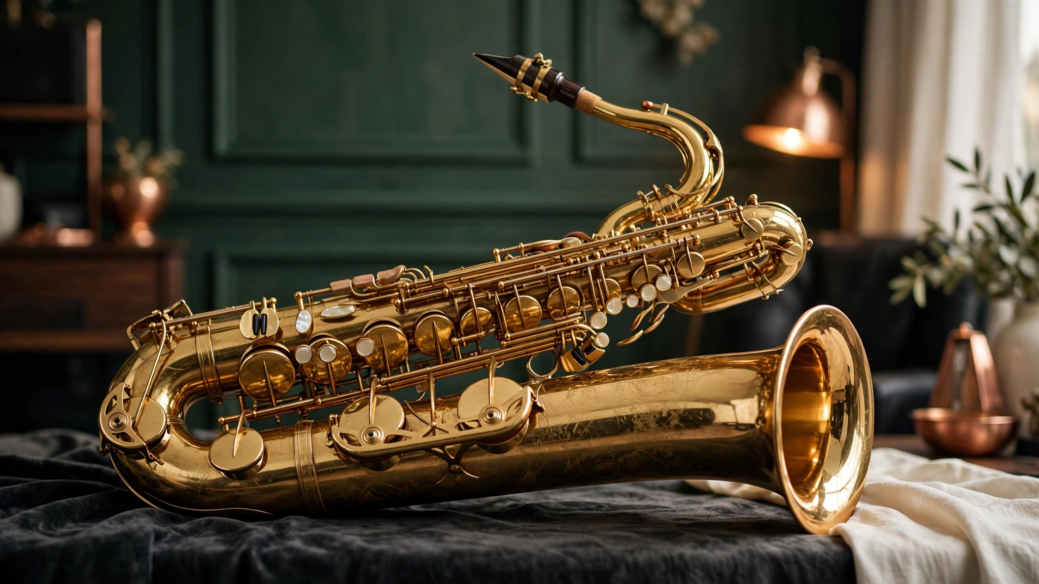 Large saxophone example showing the substantial body and bell of a lower saxophone