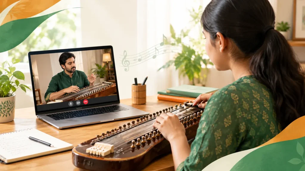 Bulbul Tarang online class with teacher and student learning the instrument in India