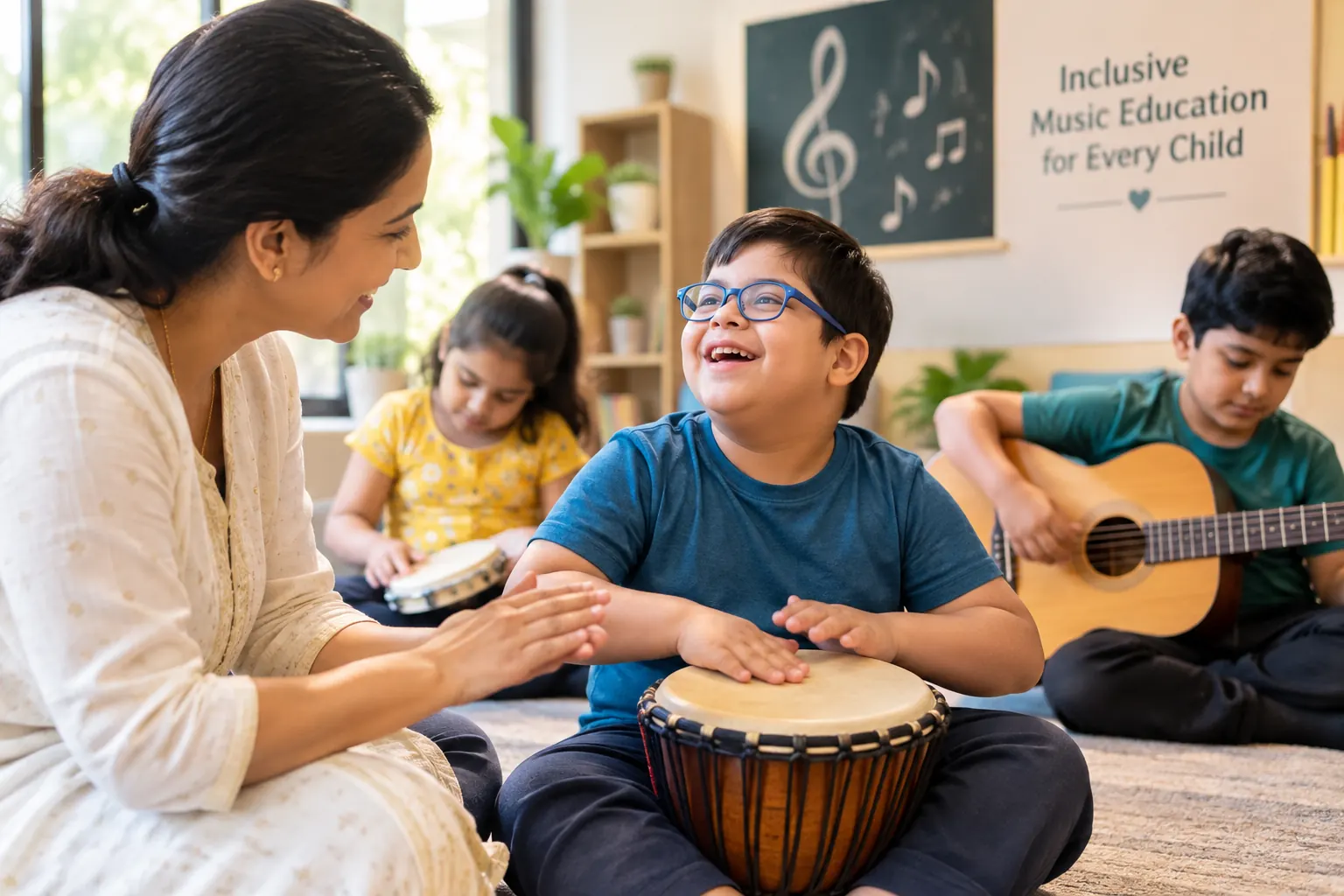 Teacher guiding children during an inclusive music class