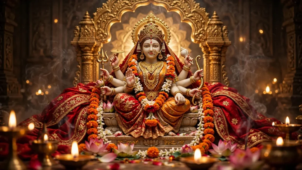 Beautifully decorated Goddess Mata idol surrounded by flowers and glowing diyas for Mata Ki Chowki