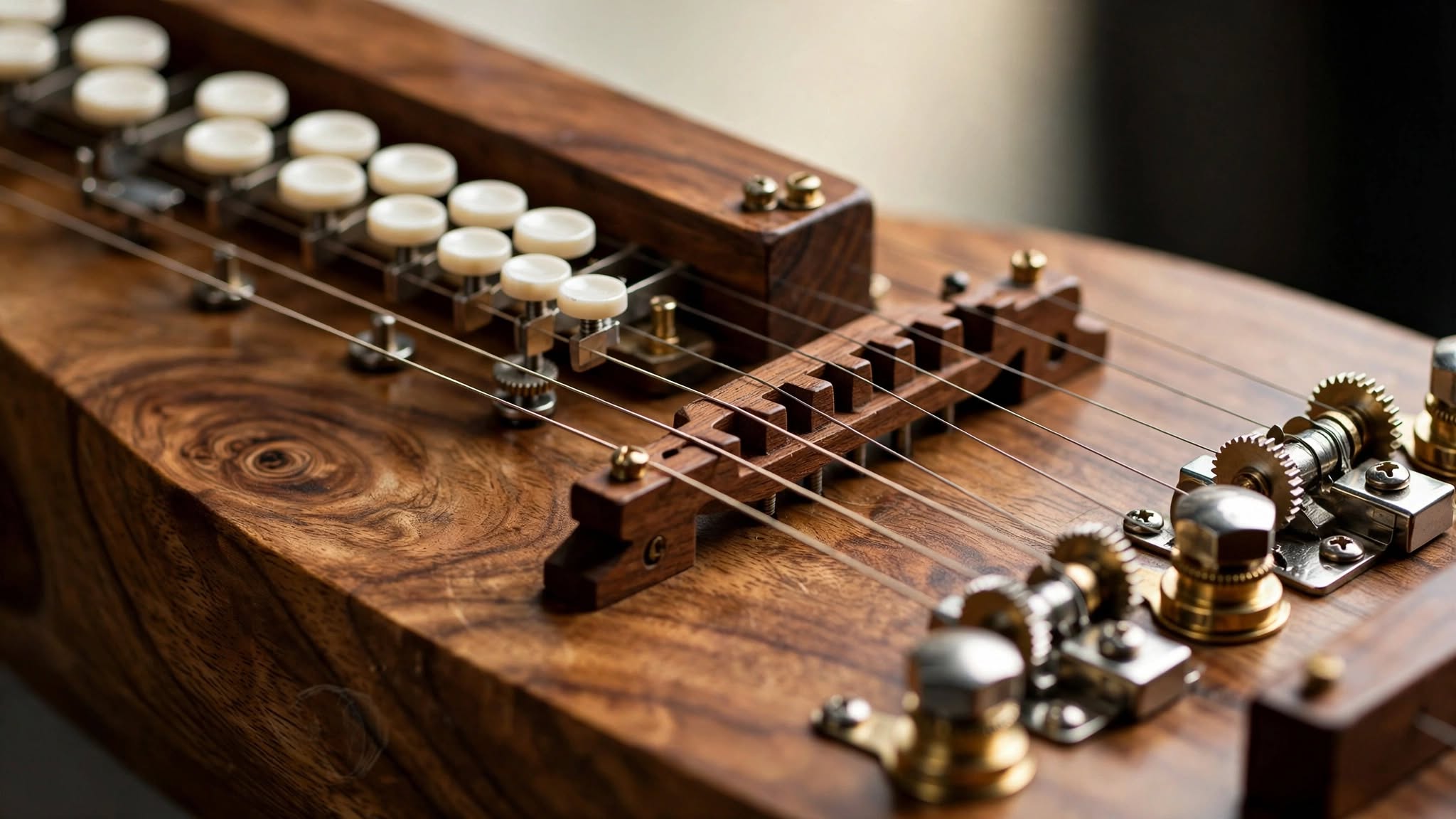 Bulbul Tarang instrument with wooden body keyboard keys and strings