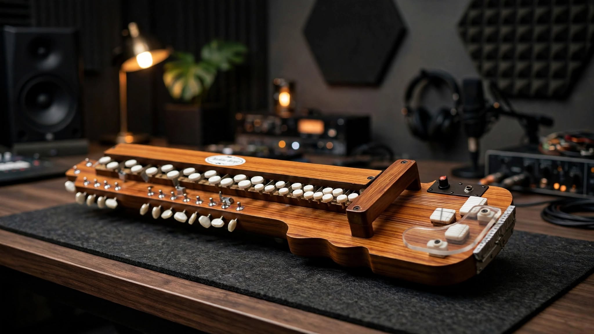 Bulbul Tarang Indian Banjo instrument with strings and keyboard-style keys