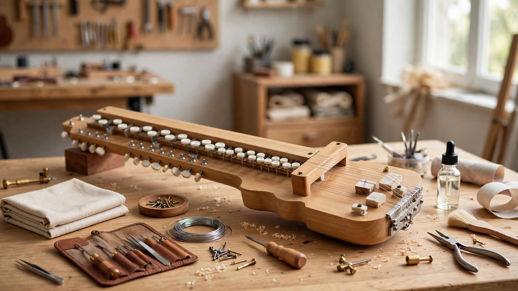 Bulbul Tarang showing its wooden body, strings and keyboard-style playing keys