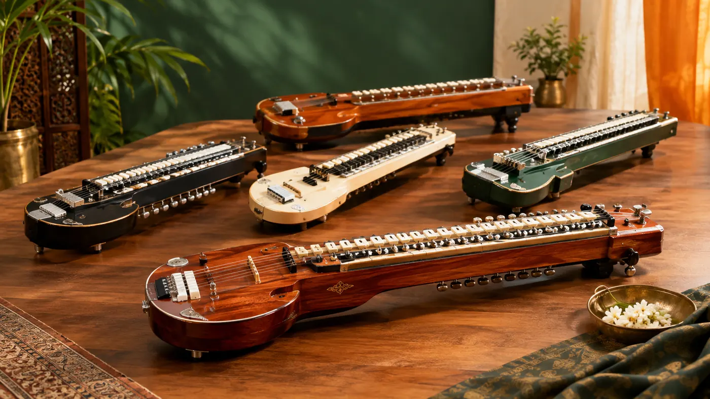 Bulbul Tarang Indian Banjo instrument showing its keyboard and string layout