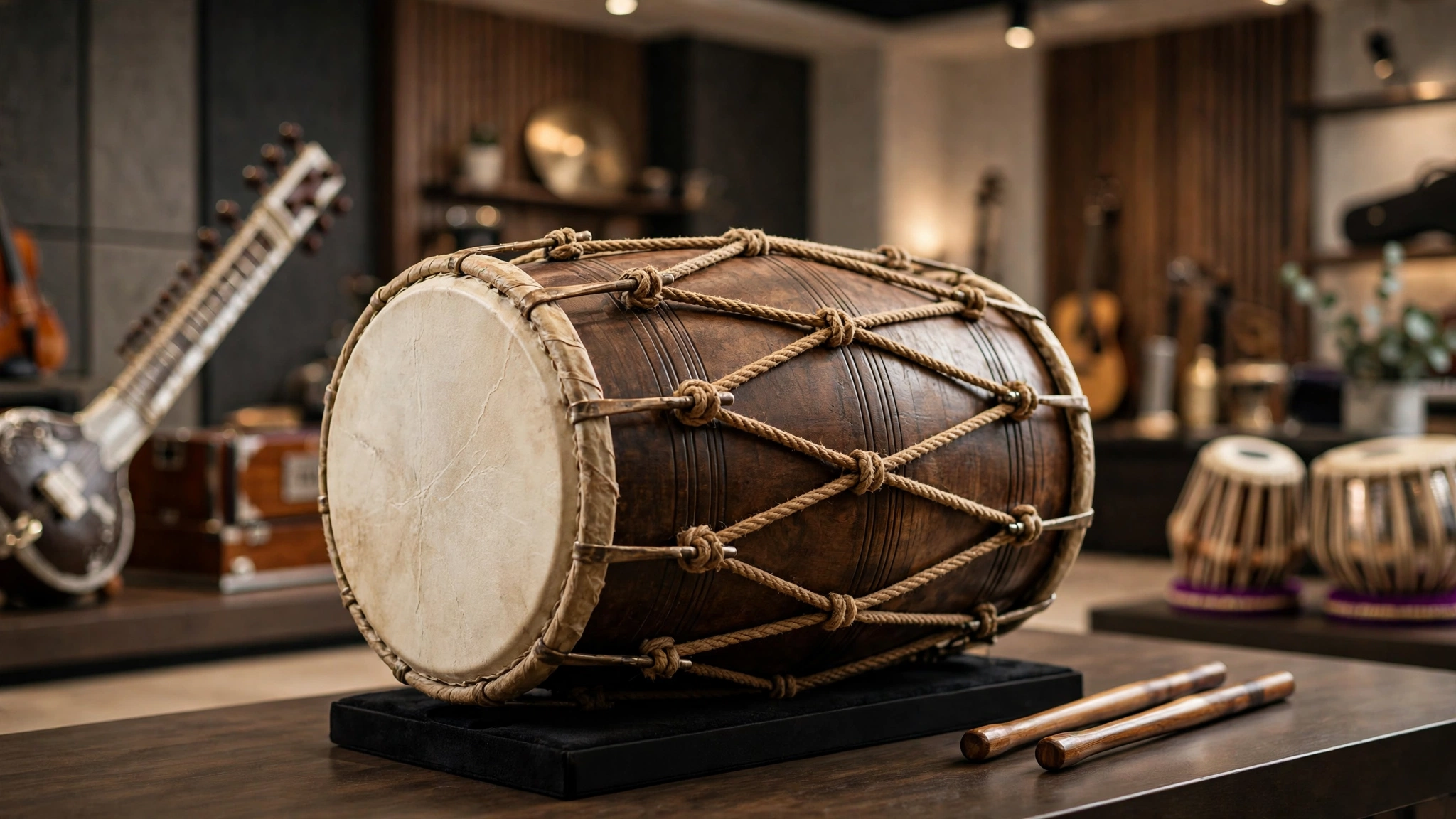 Traditional Dhol displayed in a professional music store