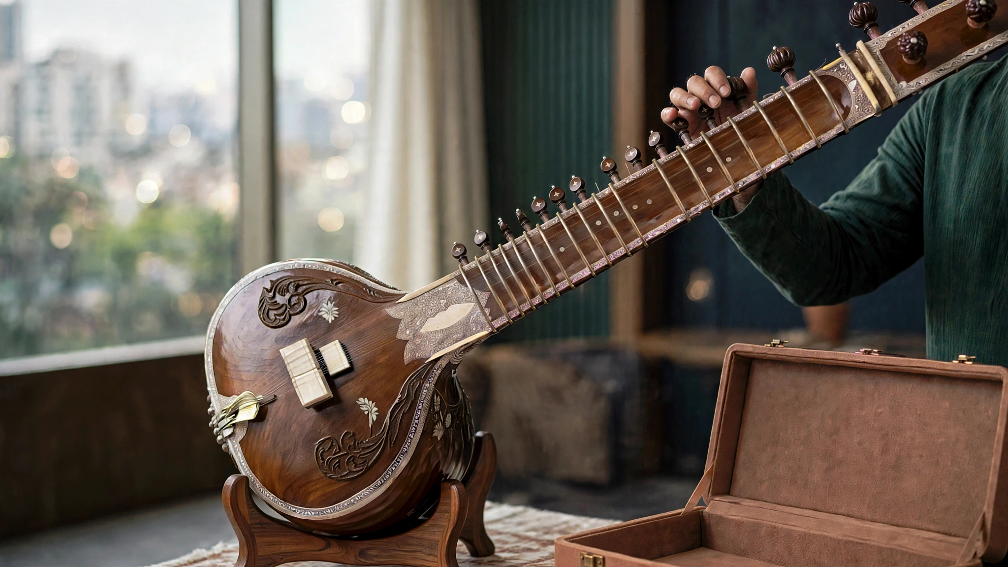 Sitar player performing Indian classical music on a traditional Sitar