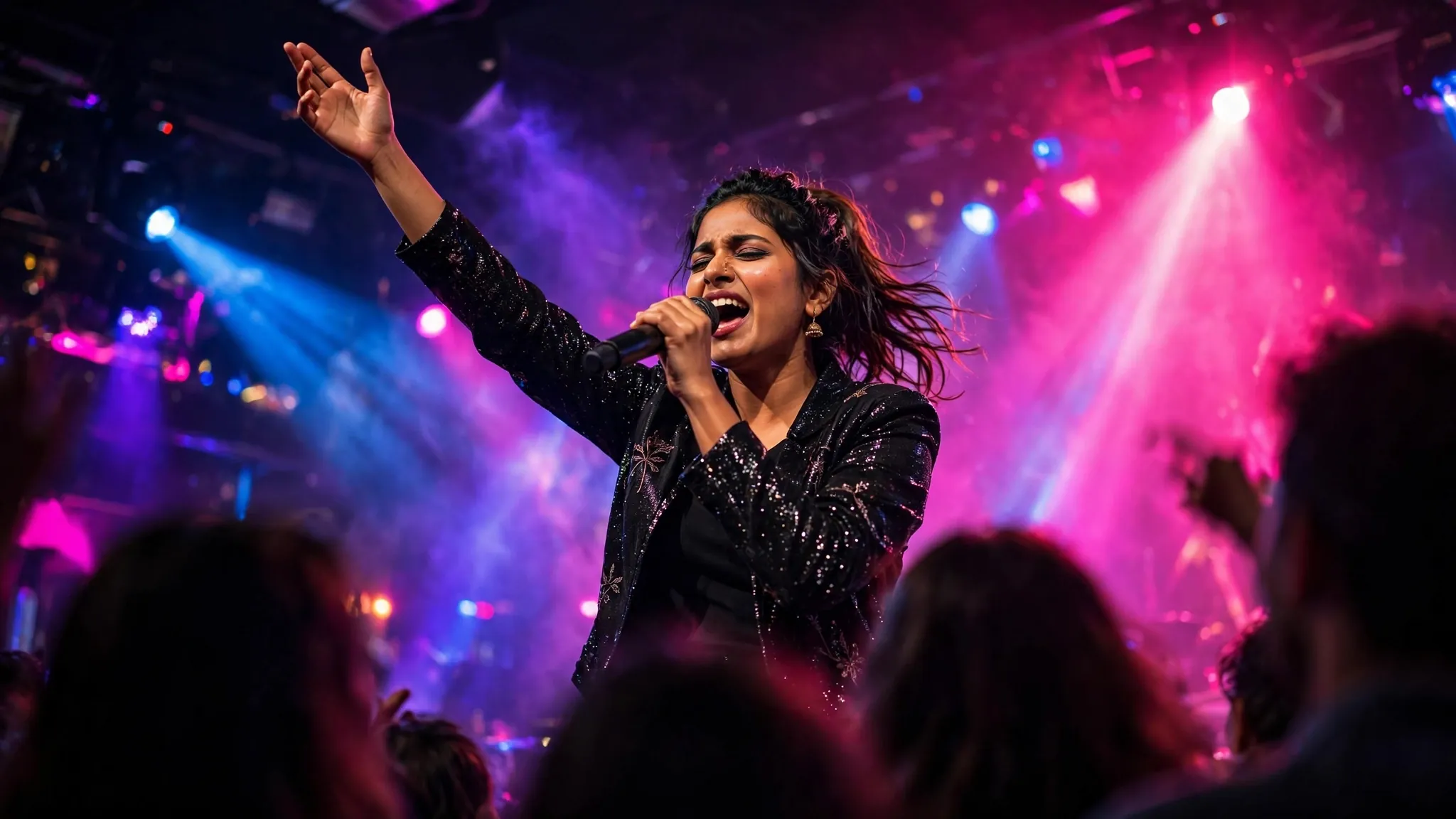 Confident singer performing karaoke on a modern stage
