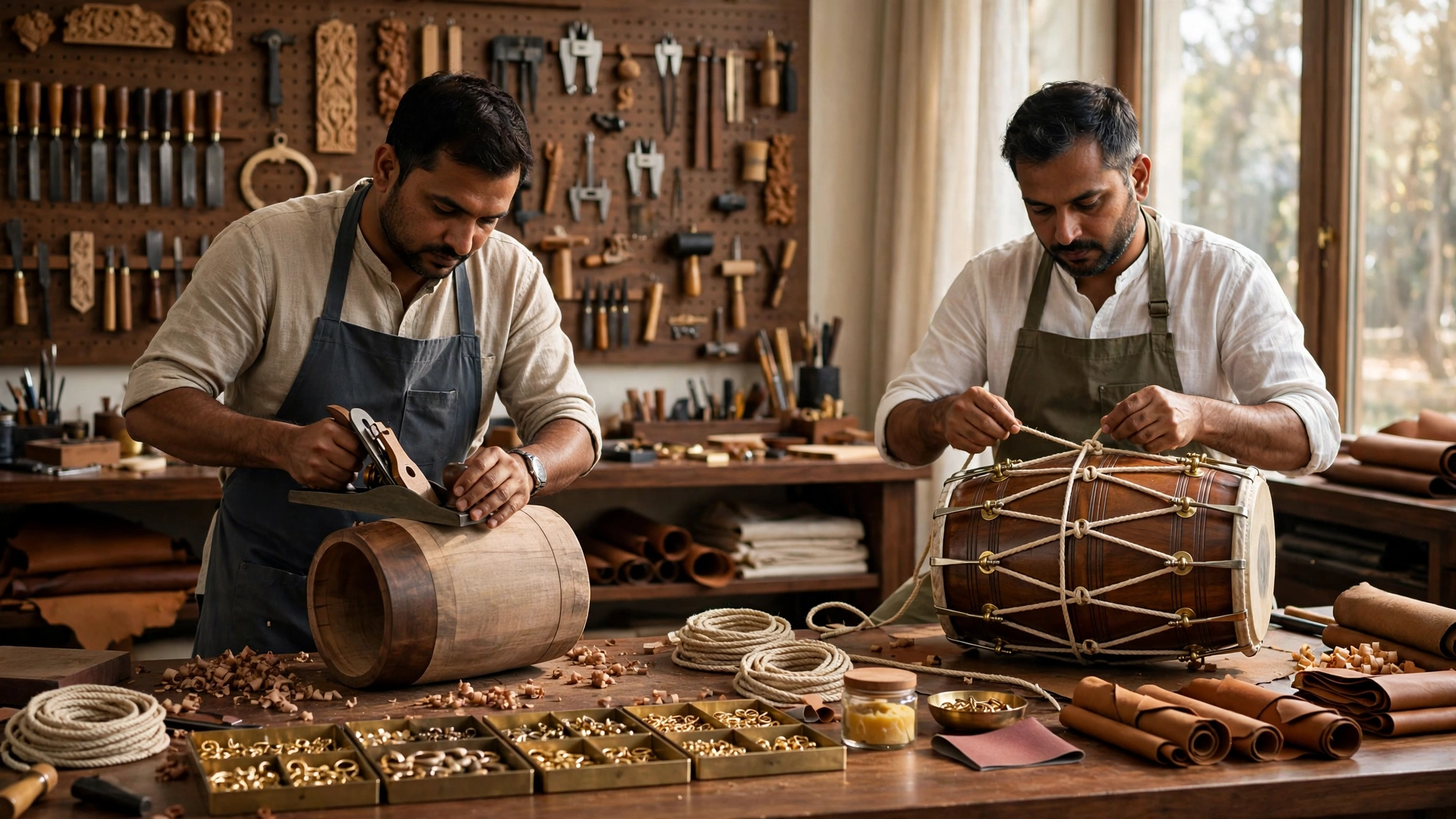 Craftsman manufacturing a traditional Dhol instrument