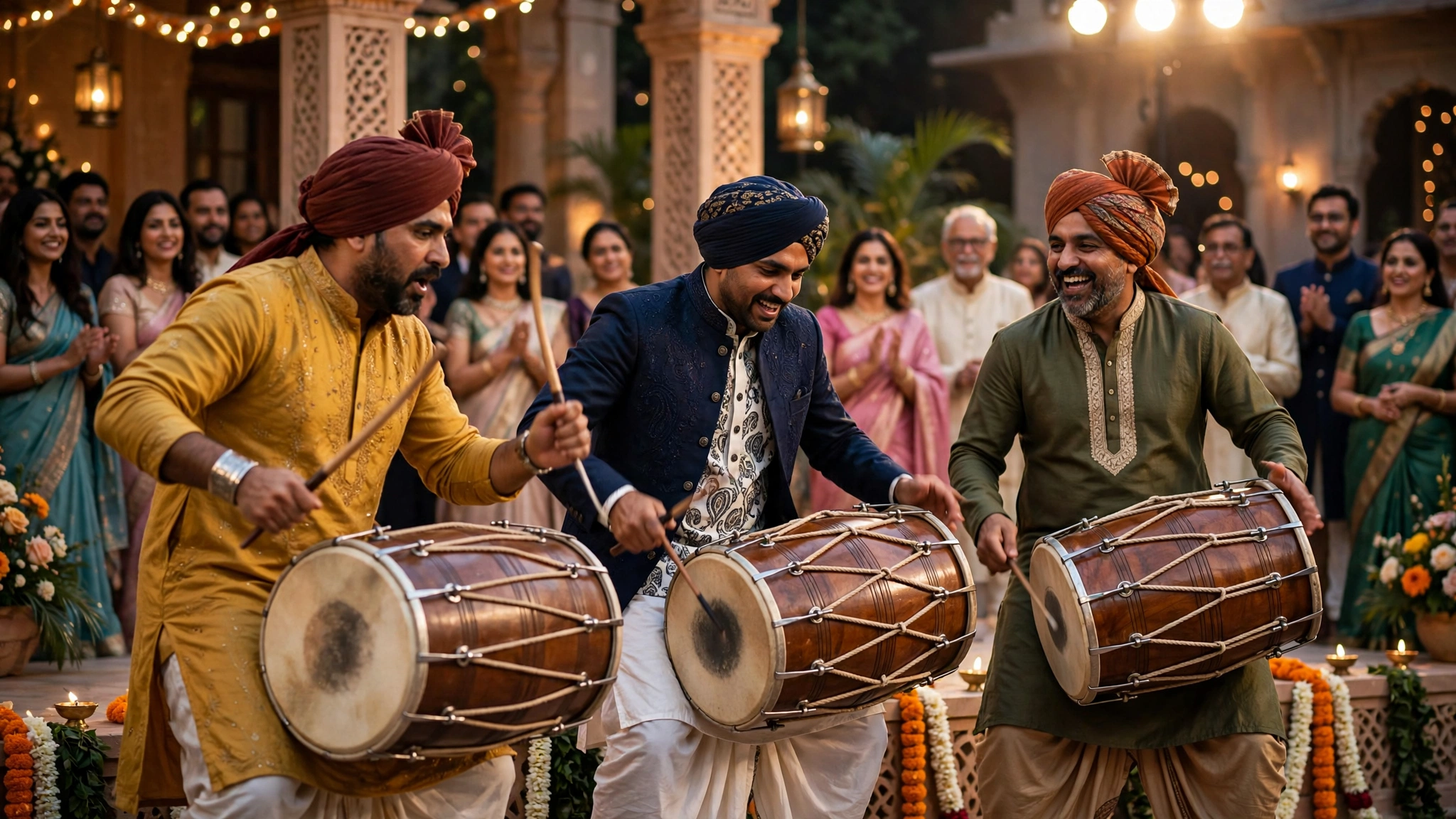 Professional Dhol musicians performing at a live Indian cultural event