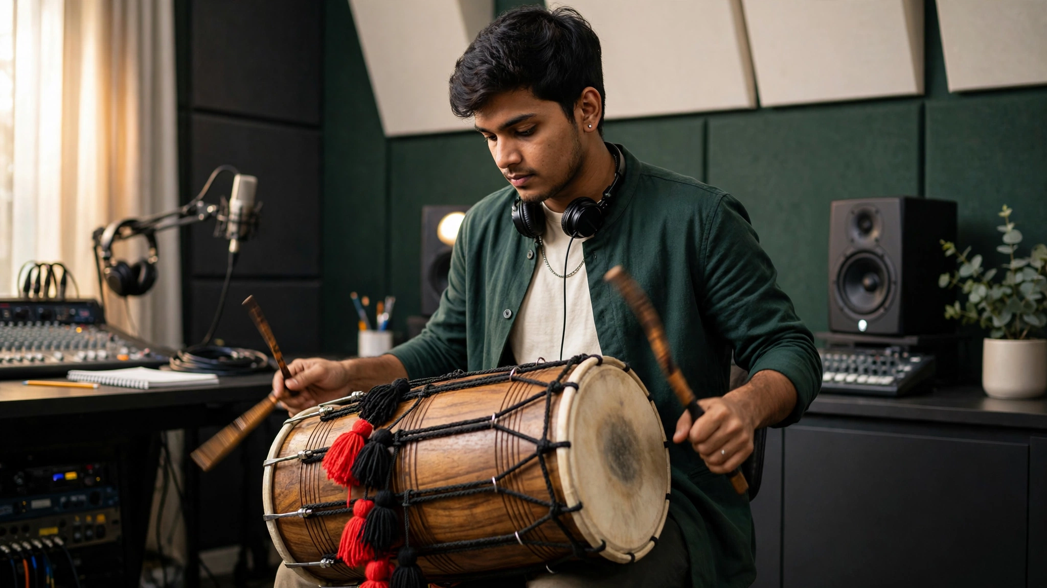 Beginner practicing Dhol rhythm and playing technique in a music studio
