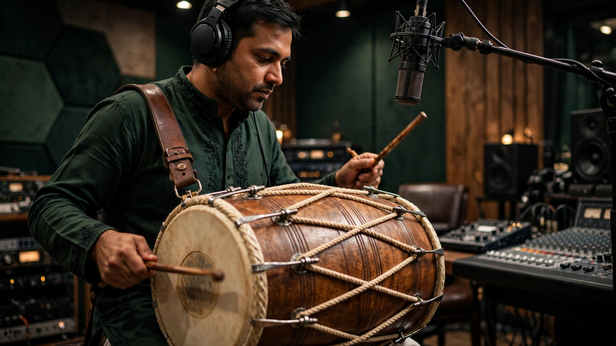 Dhol musician recording inside a professional music studio