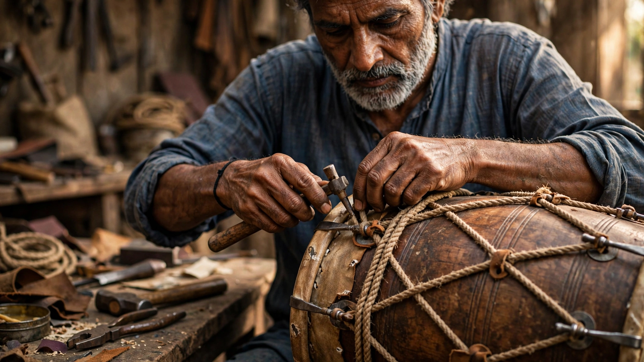 Professional technician maintaining a traditional Dhol instrument