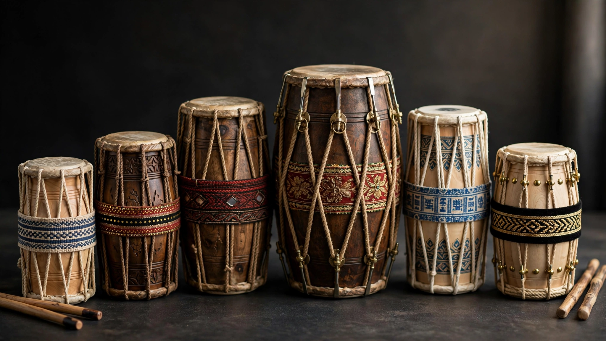 Different traditional Dhol drums showing variation in size and construction