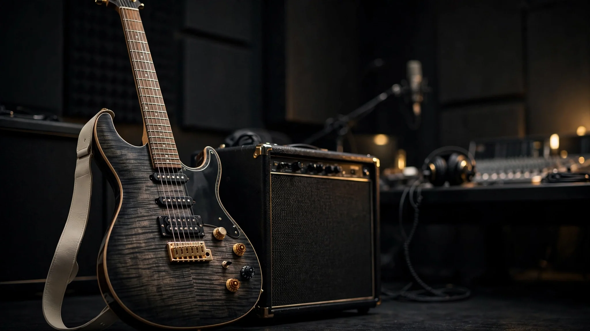 Electric Guitar with amplifier in a modern music studio