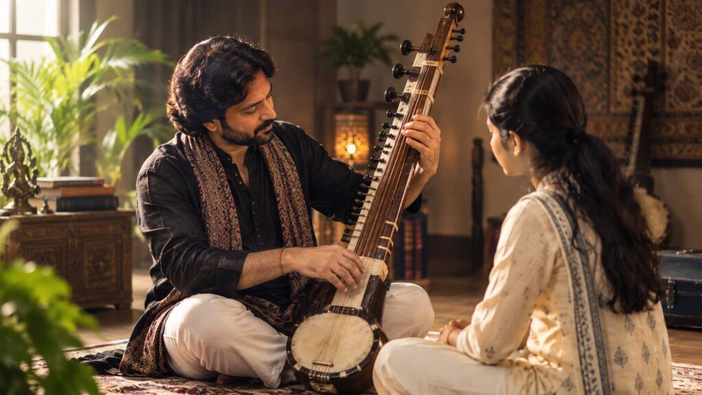 Esraj classes in Mumbai with a musician learning the Indian classical string instrument