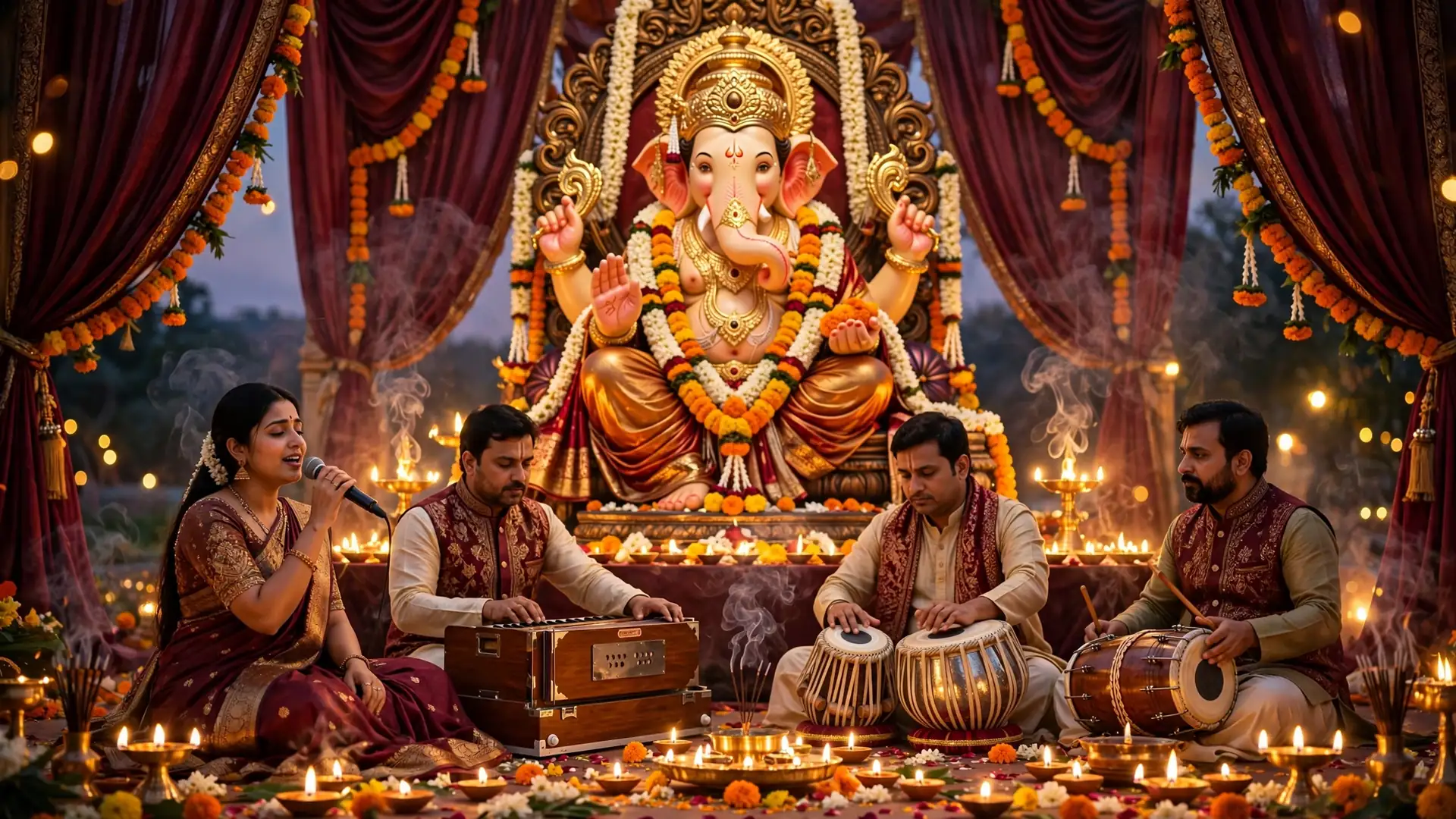 Festive Ganesh celebration decorated with flowers and devotional lighting