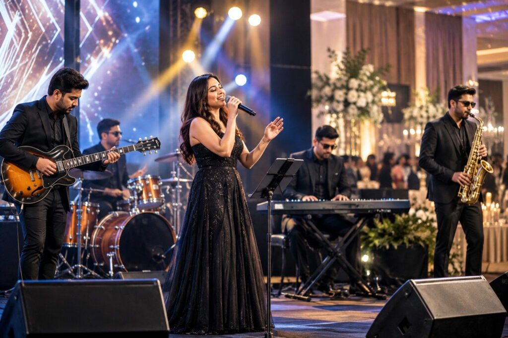 Live musicians performing at a corporate, wedding and private event entertainment setup