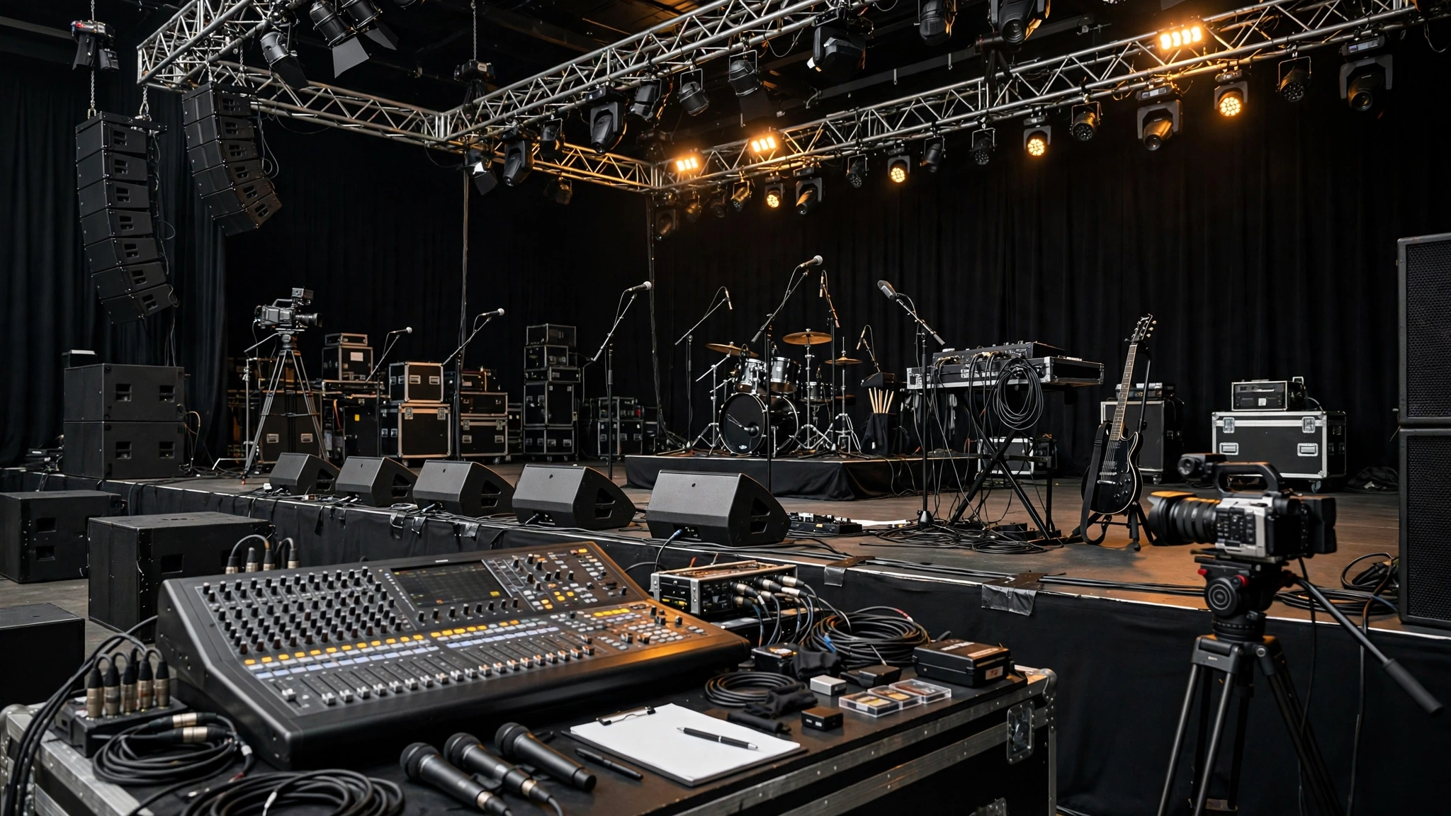 Professional event production with lighting sound and camera equipment