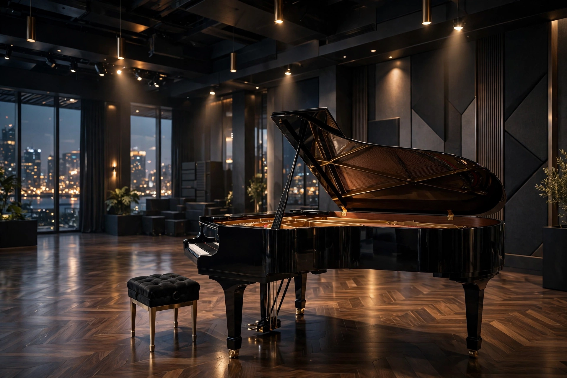 Black grand piano with raised lid