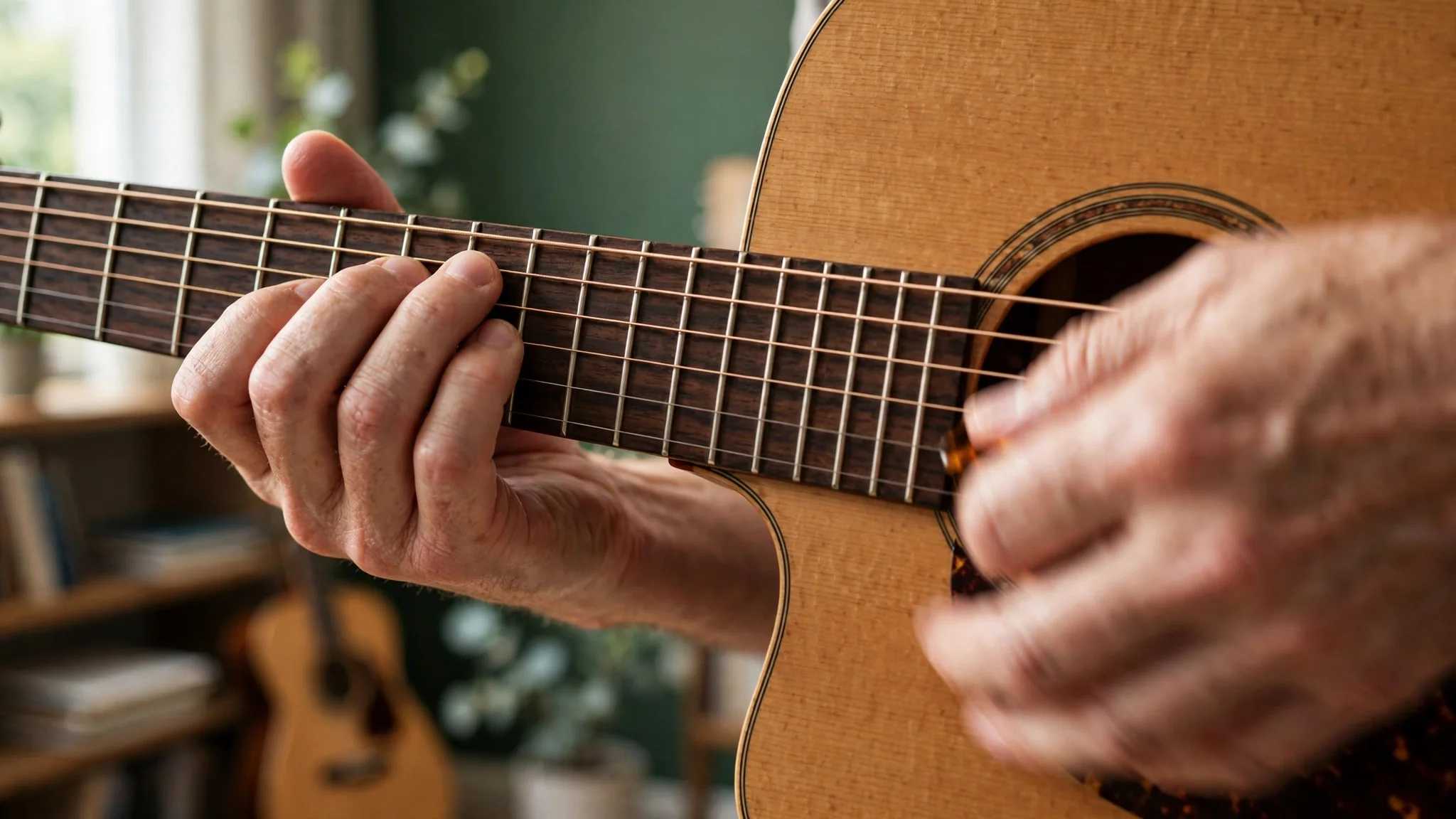 Guitarist practicing chords and strumming technique