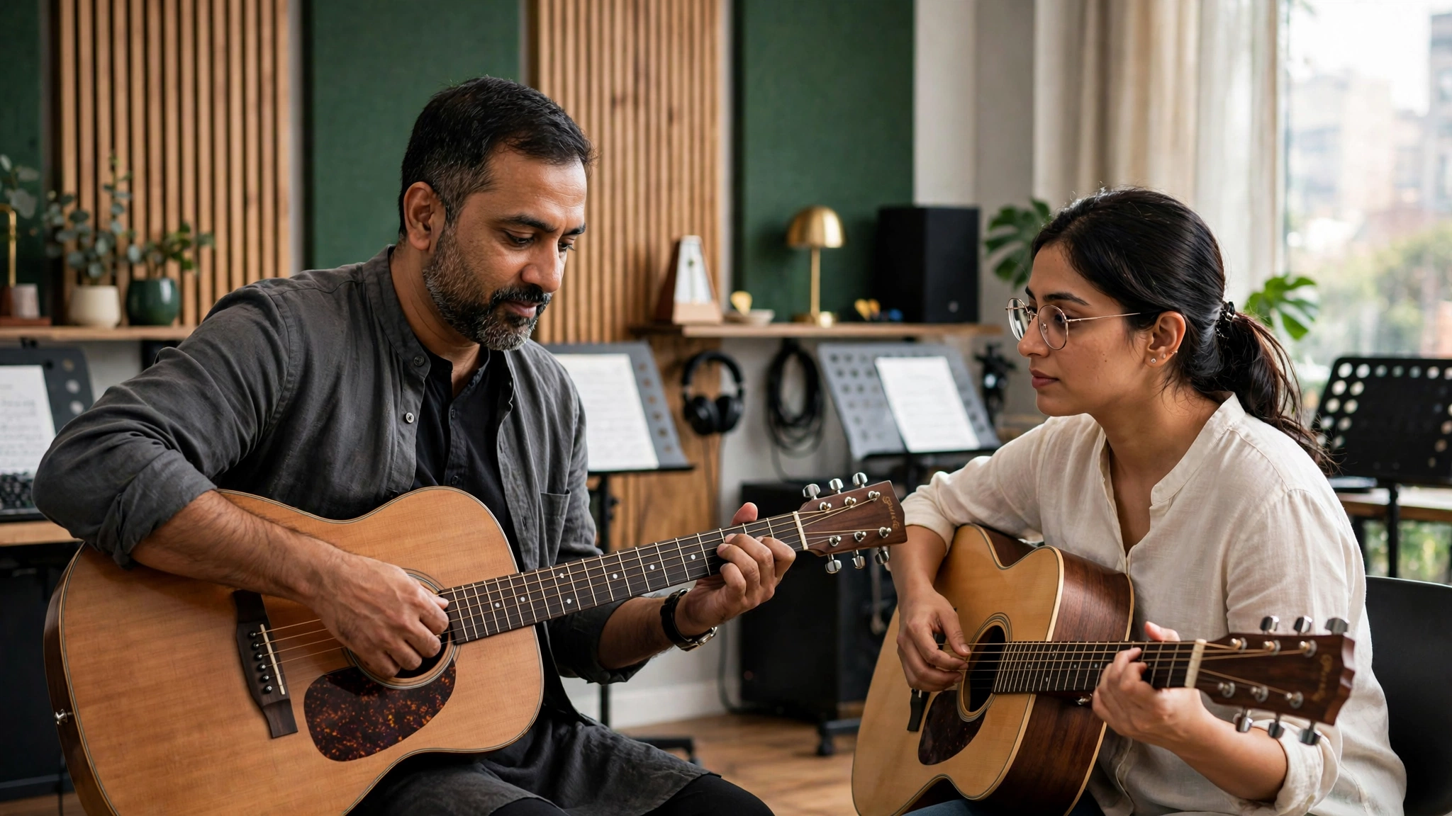 Guitar teacher guiding a student during a Guitar lesson in Mumbai