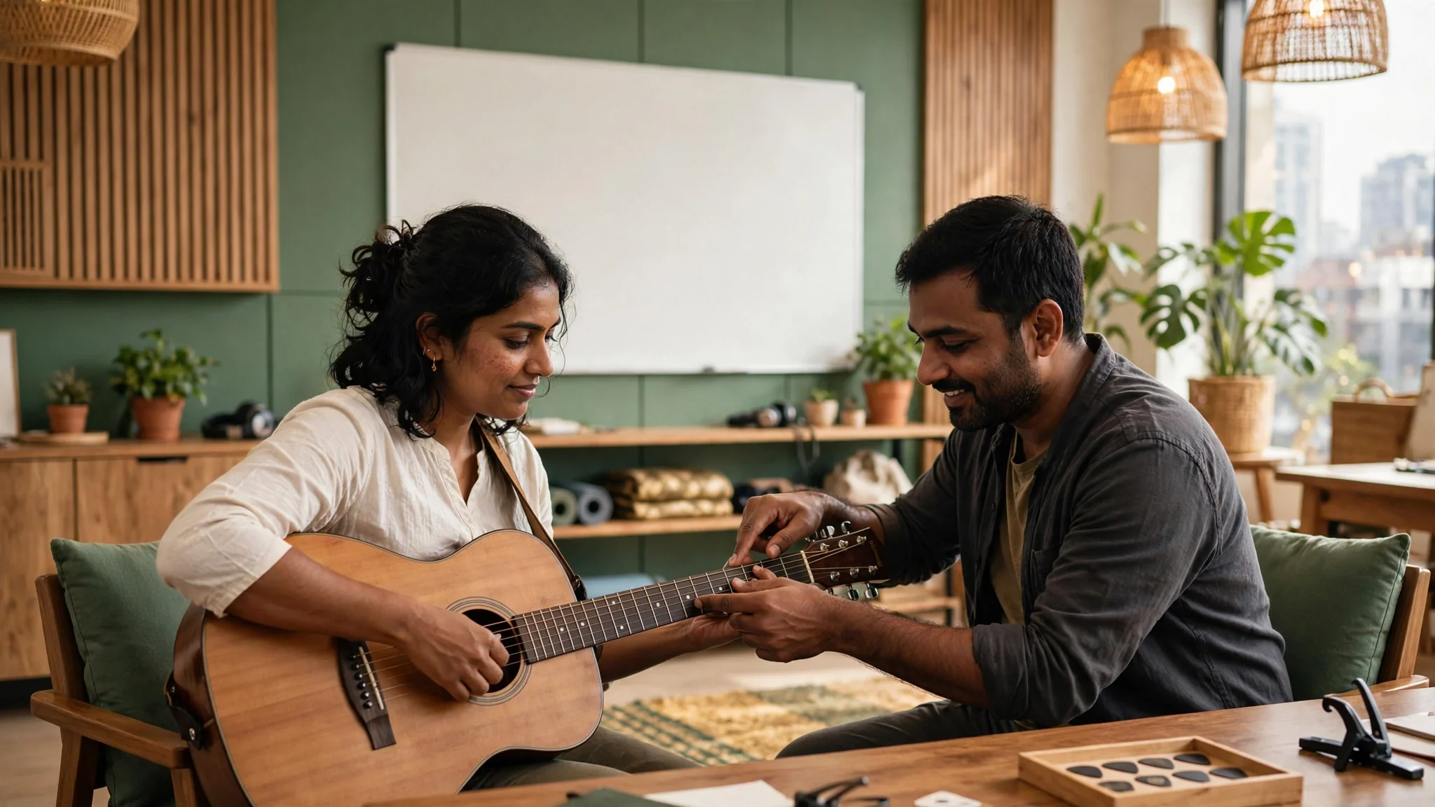 Beginner guitarist learning acoustic Guitar with an instructor