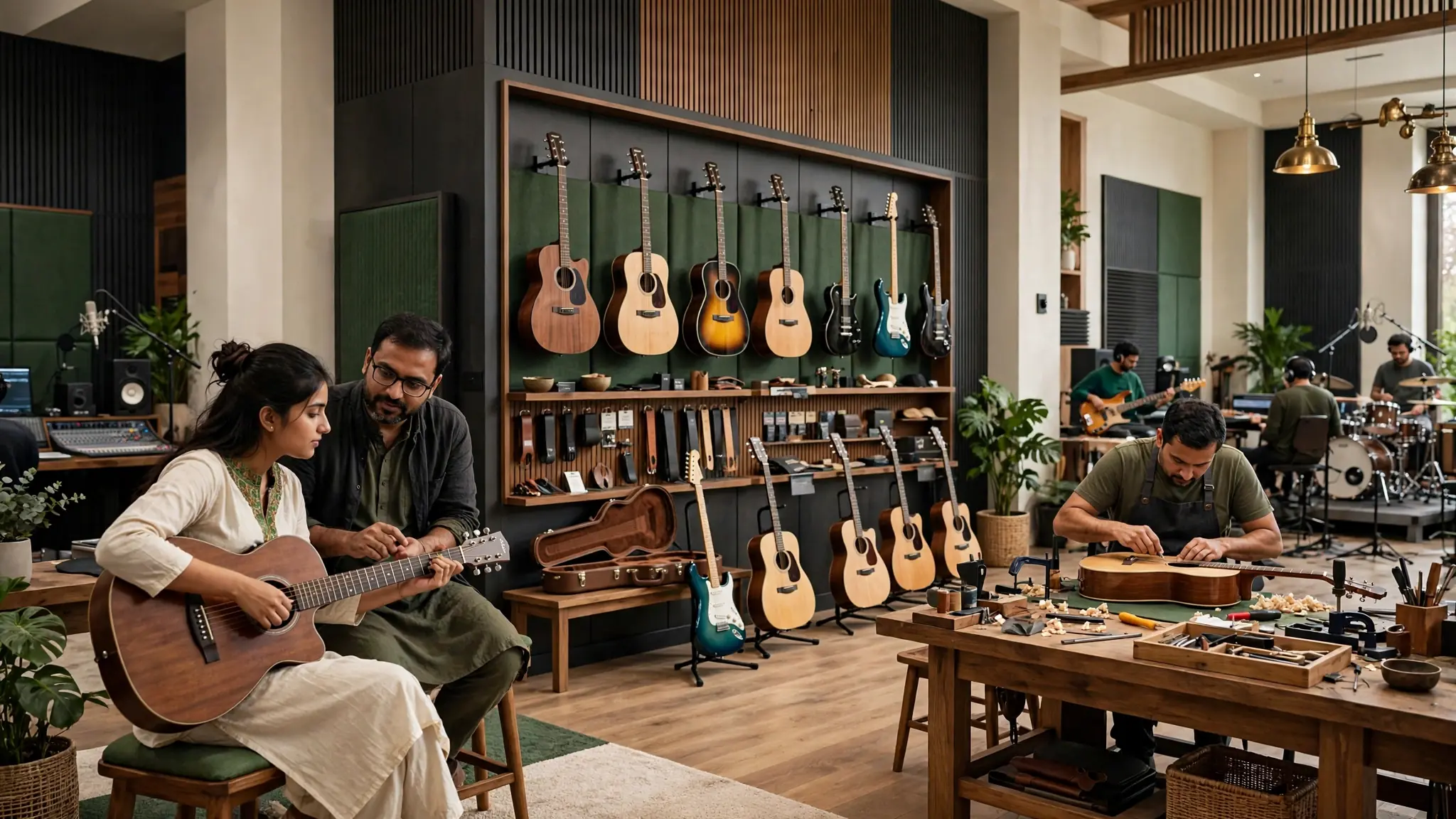 Guitar learning instrument purchase rental repair practice and recording ecosystem