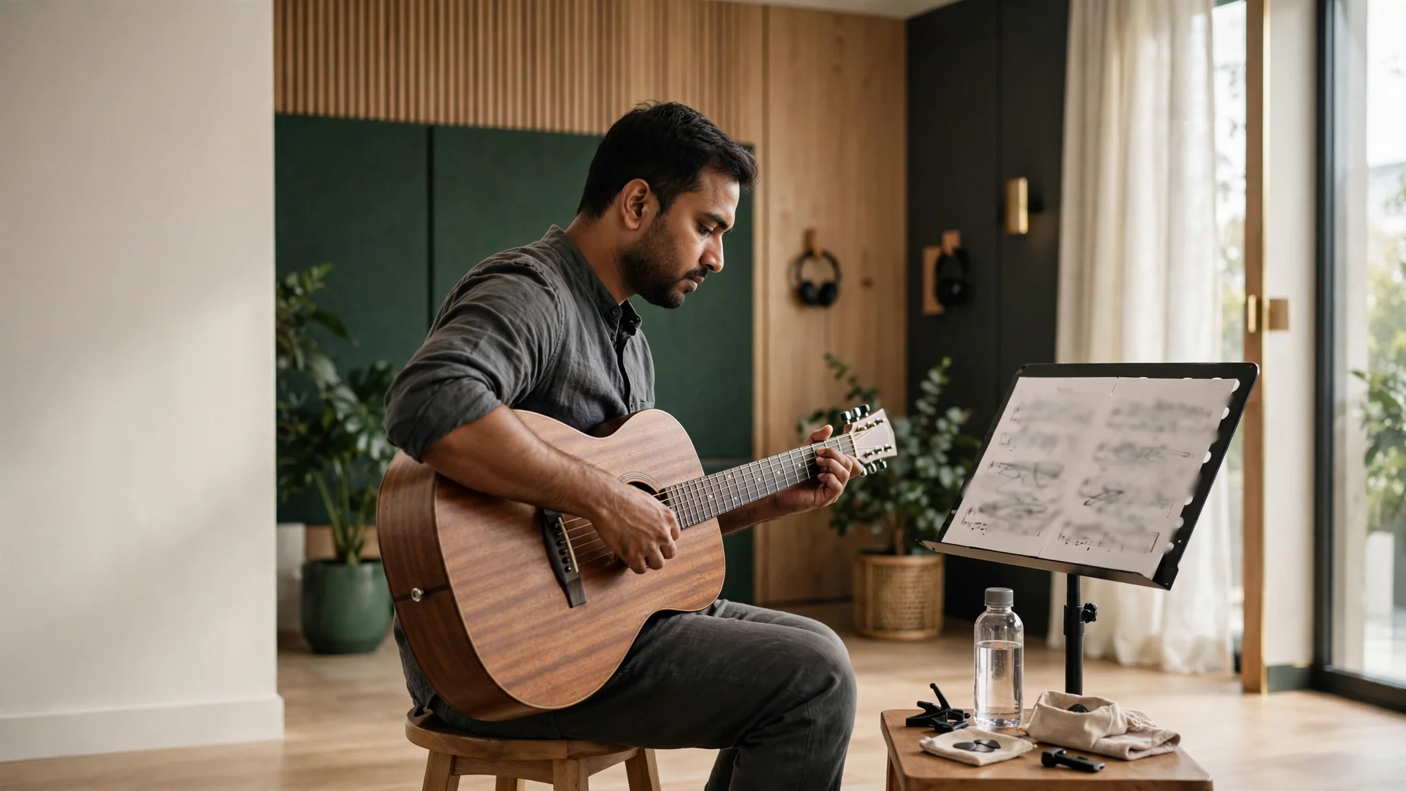 Guitarist practicing Guitar in a modern music studio