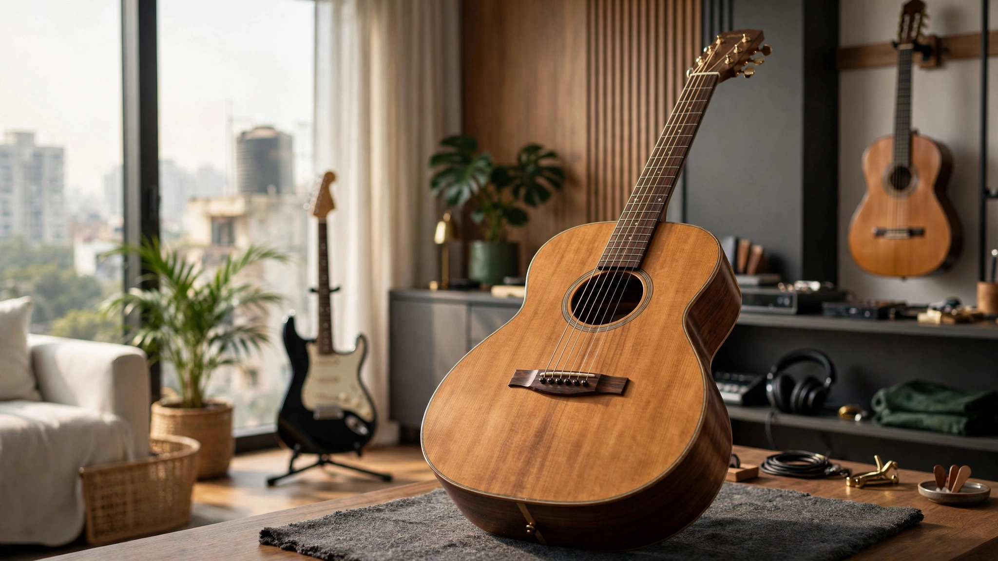 Different Guitar styles displayed in a modern music environment