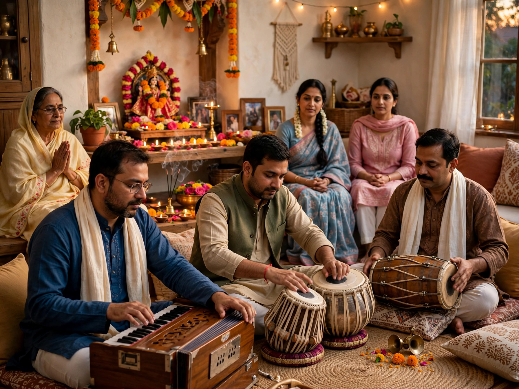Musicians performing bhajan and devotional music during a home event