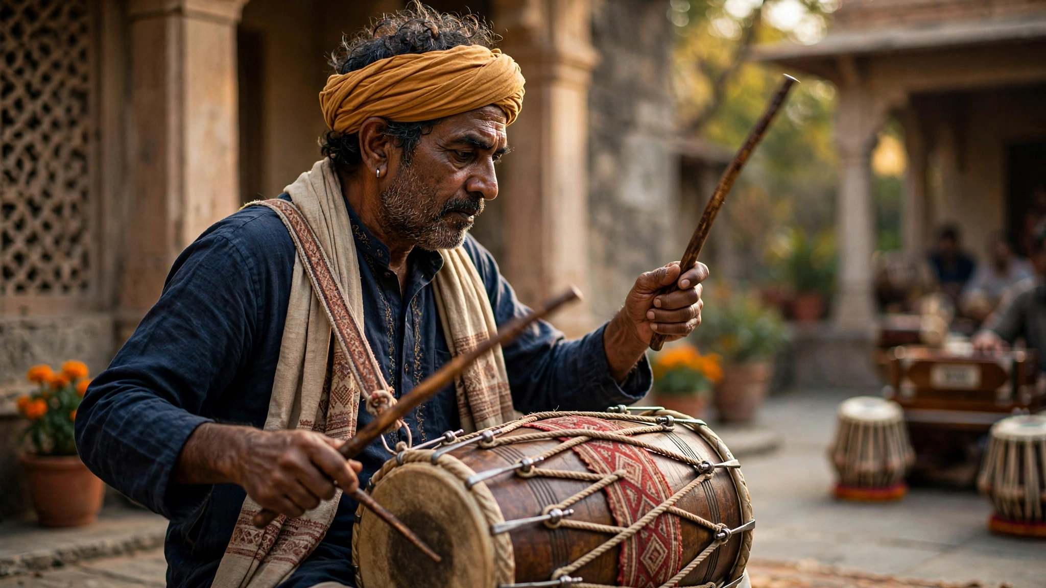 Indian Dhol player performing with traditional sticks