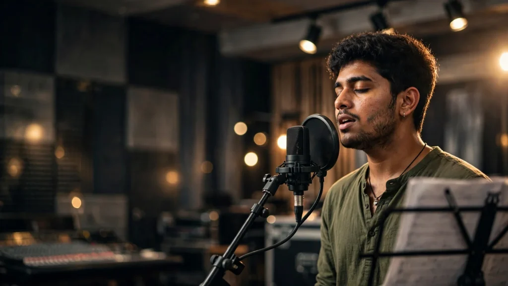 Indian singer preparing for an Indian Idol style audition with professional singing and performance training
