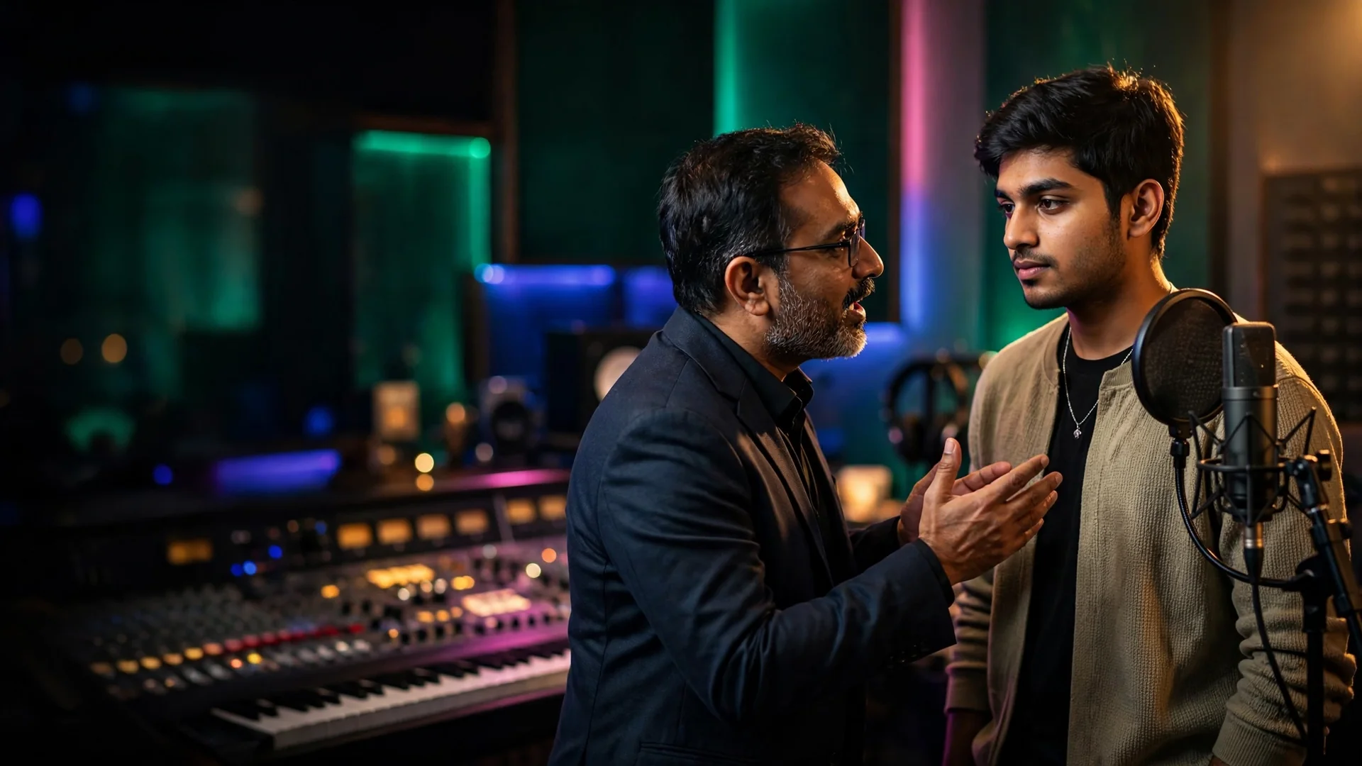Singer receiving professional vocal training and coaching for a singing audition