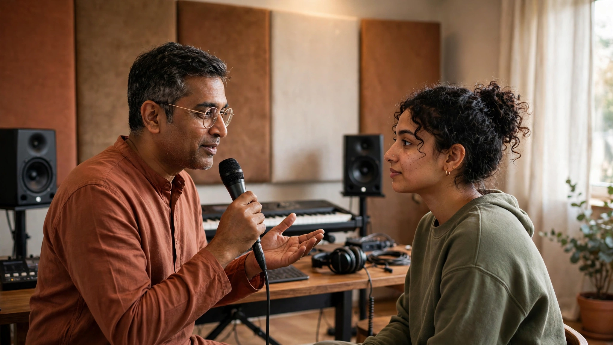 Karaoke teacher guiding a student during vocal and singing practice