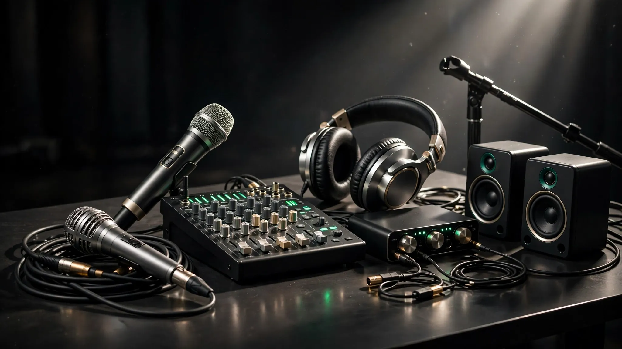 Karaoke microphone speakers and audio equipment setup