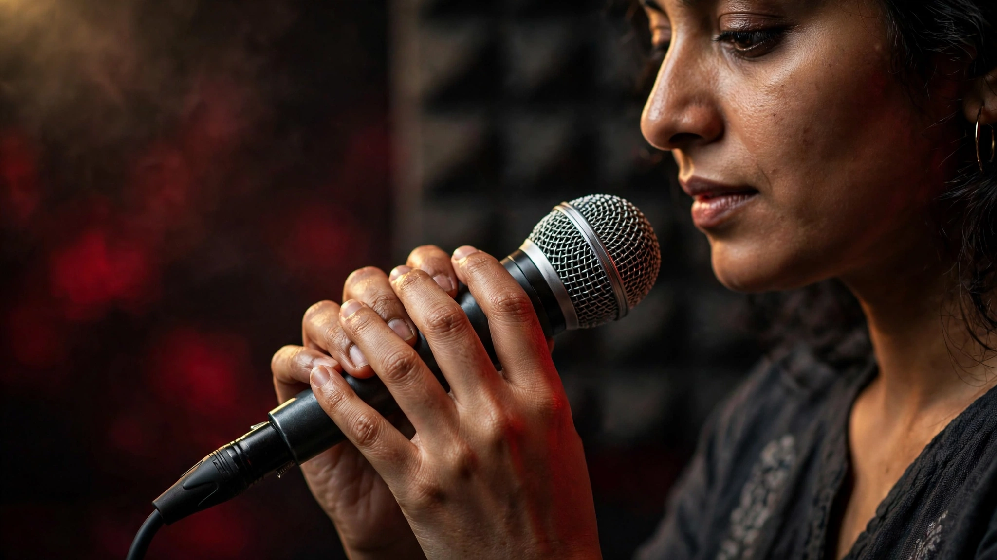 Singer demonstrating correct microphone technique for karaoke