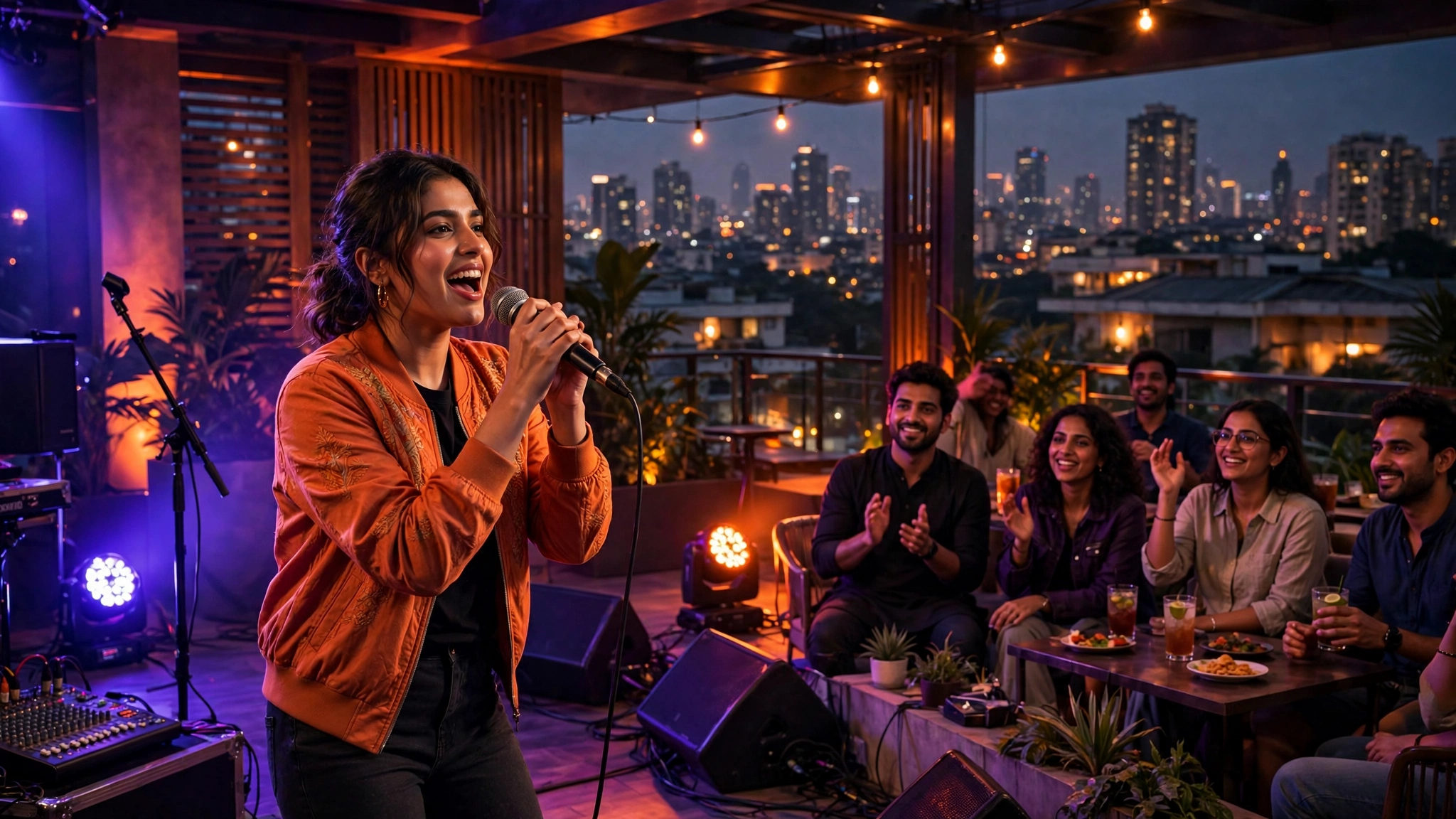Karaoke singing in a local music performance setting in Mumbai