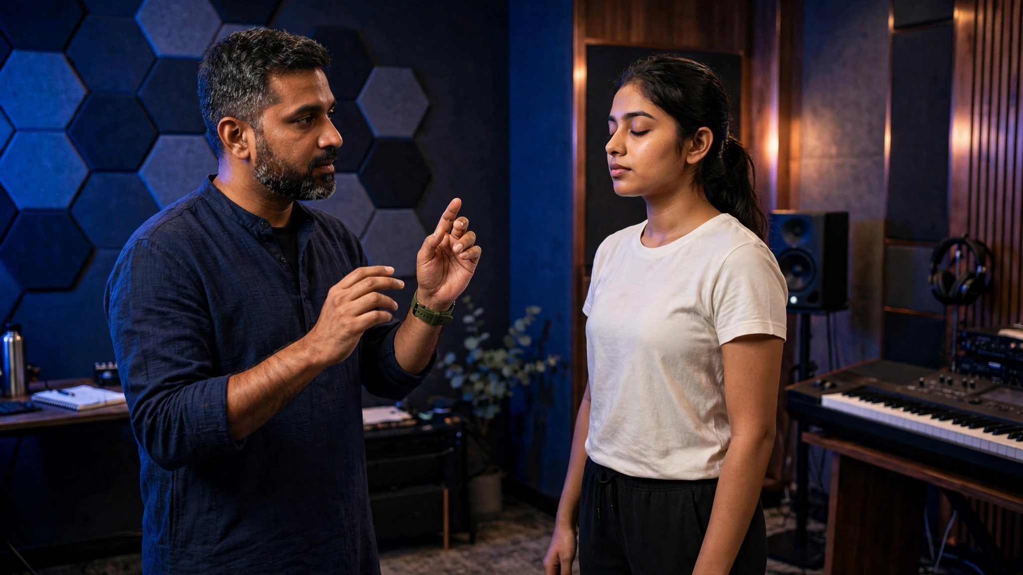 Singer practising breathing and vocal control during karaoke training