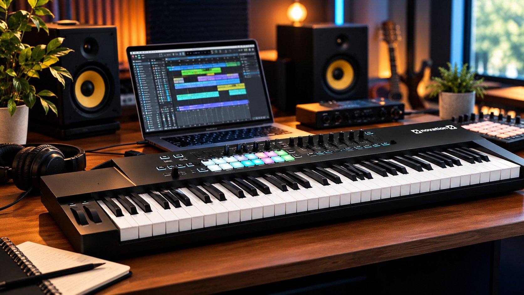 Music production setup with MIDI keyboard and studio equipment