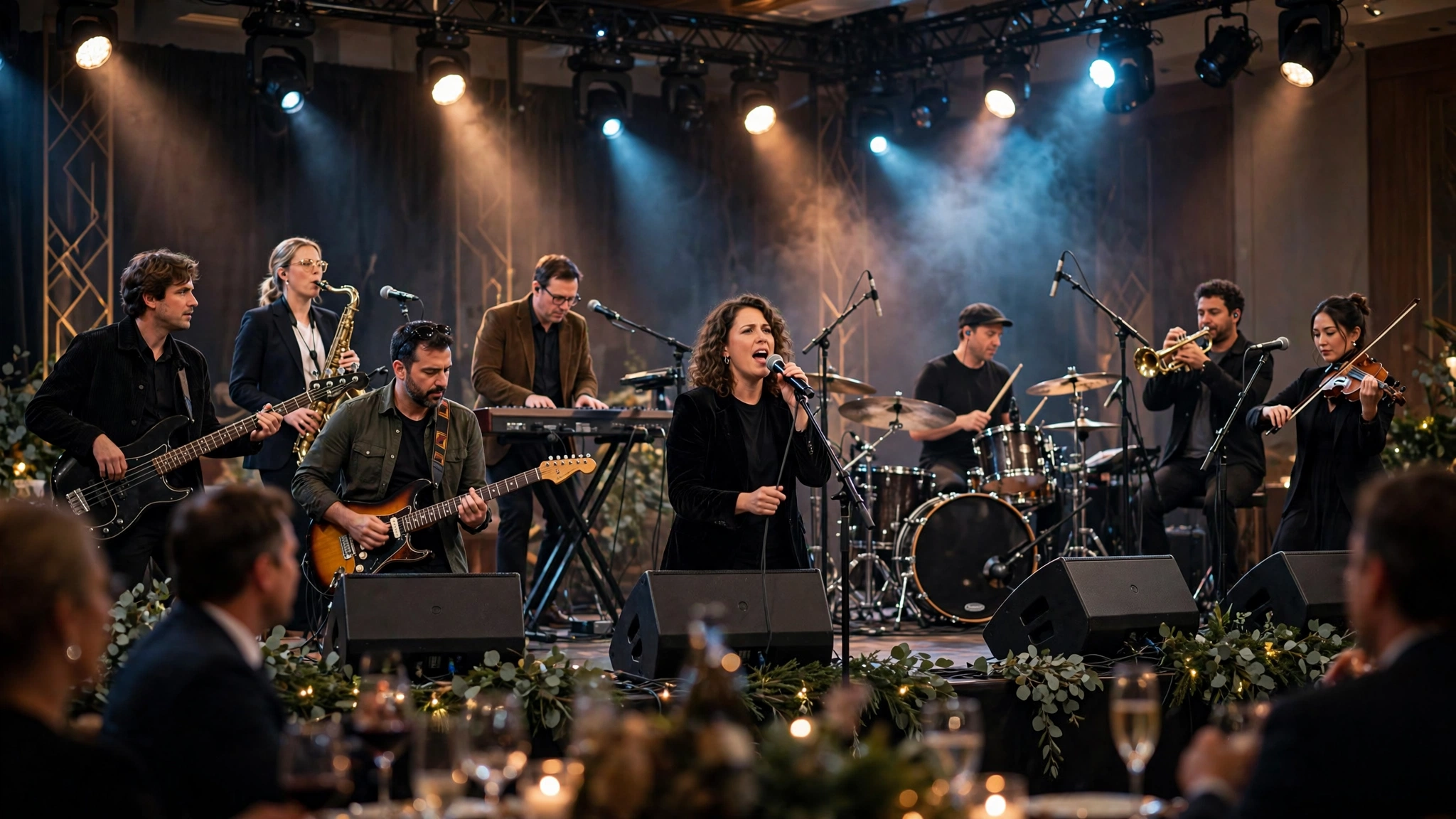 Live wedding band with multiple musicians performing at an event