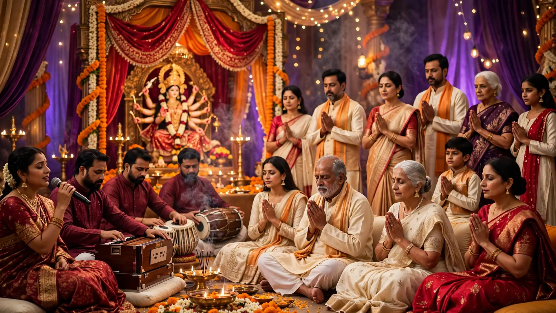 Devotees participating in a Mata Ki Chowki devotional celebration with live music