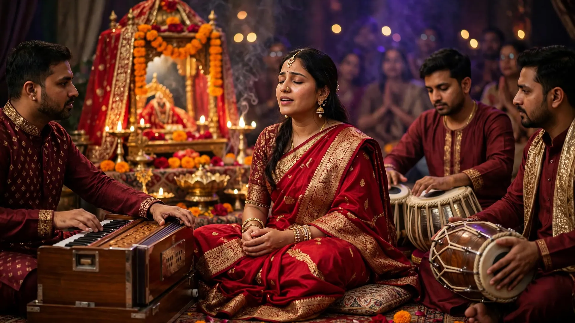 Live singer and musicians performing devotional music during a Mata Ki Chowki