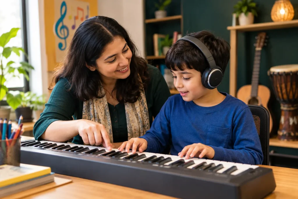 Music teacher guiding an autistic child during an inclusive music lesson