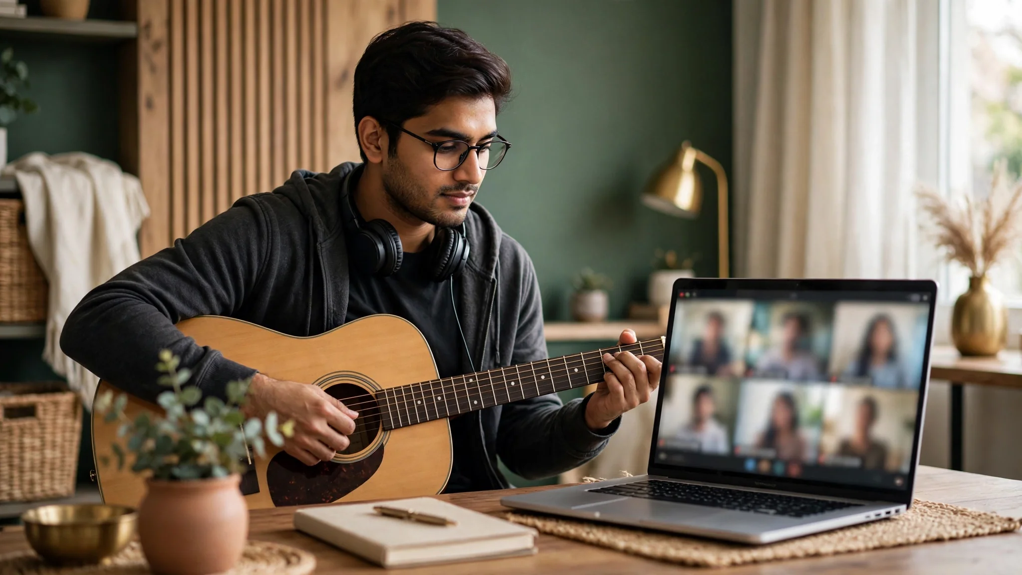 Student learning Guitar during an online music lesson
