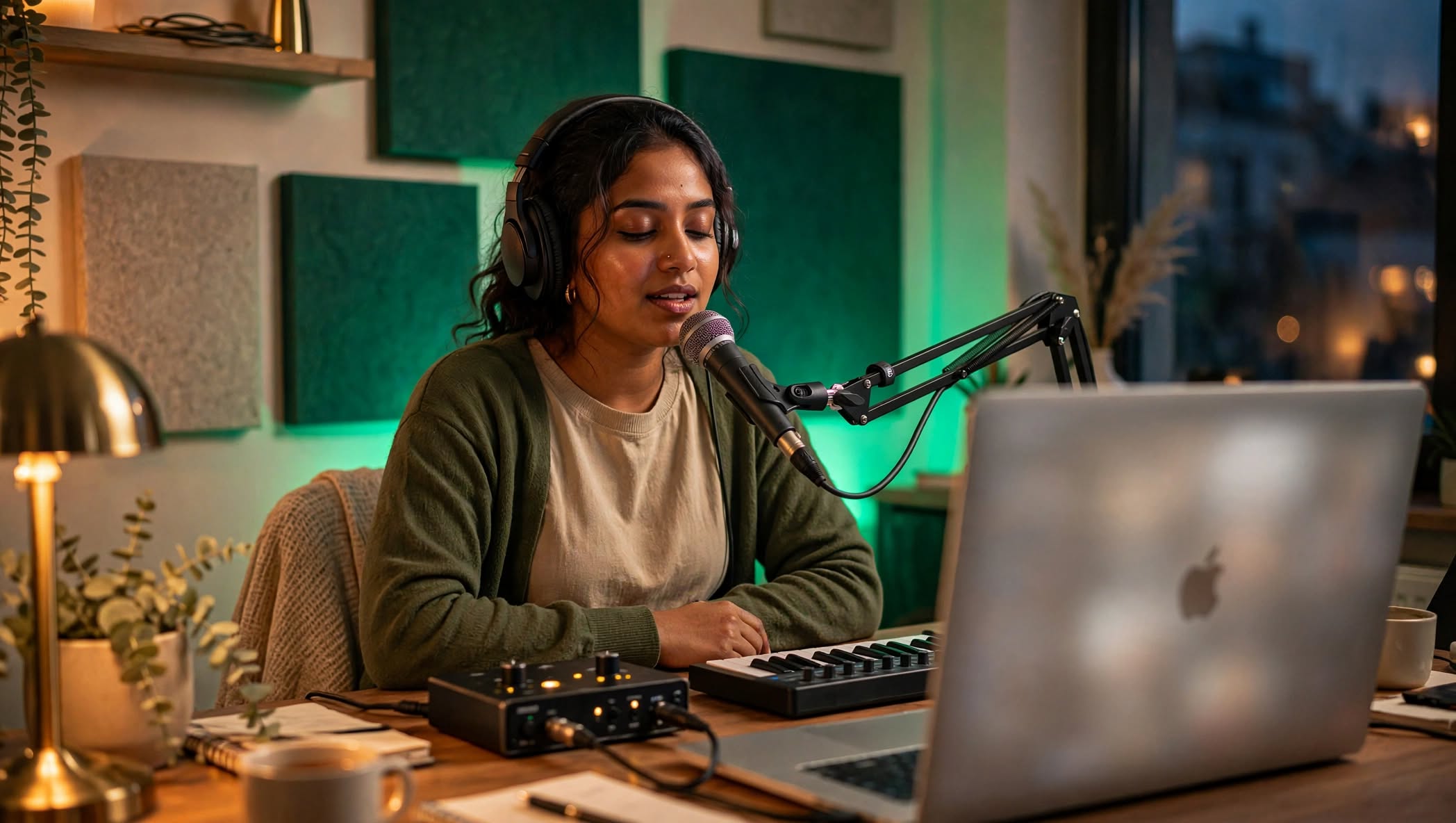 Learner taking an online karaoke singing lesson from home
